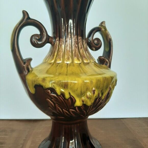 Japanese Ceramic drop glaze urn Vase Brown and Yellow - Picture 4 of 10